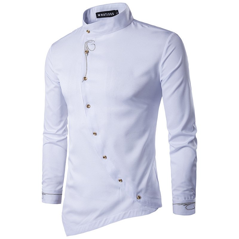 Autumn and winter new long sleeve shirt men's personality double breasted two solid color men's shirts