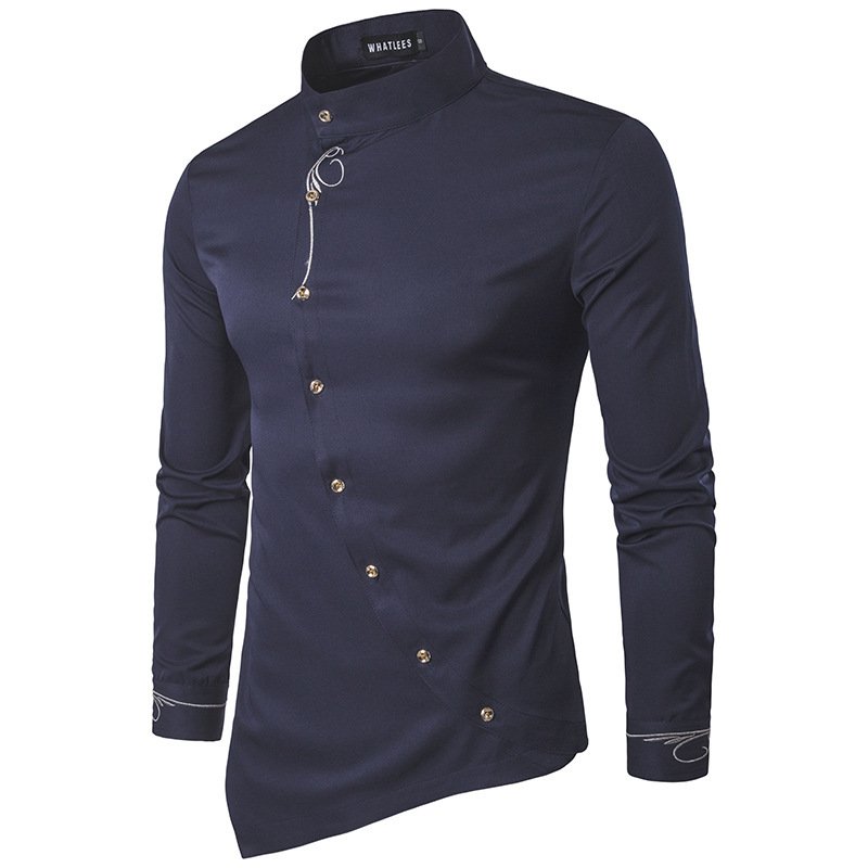Autumn and winter new long sleeve shirt men's personality double breasted two solid color men's shirts