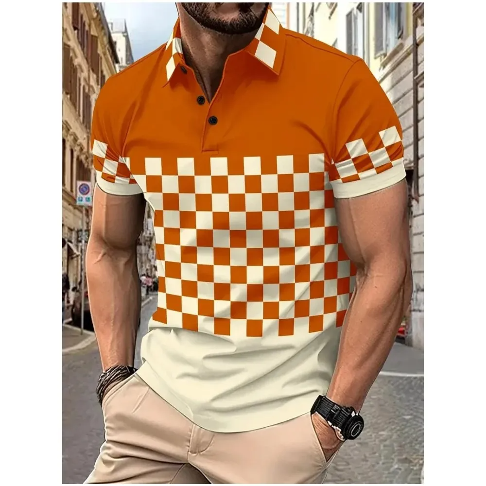 2024 Fashion Classic Striped Graphic Men Polo Shirt Short Sleeve Printing Casual Business Button Shirt Tops Mens Summer Clothing