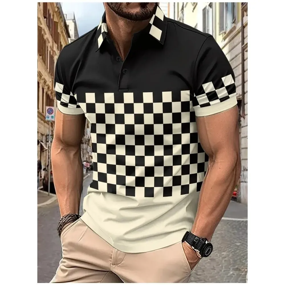 2024 Fashion Classic Striped Graphic Men Polo Shirt Short Sleeve Printing Casual Business Button Shirt Tops Mens Summer Clothing