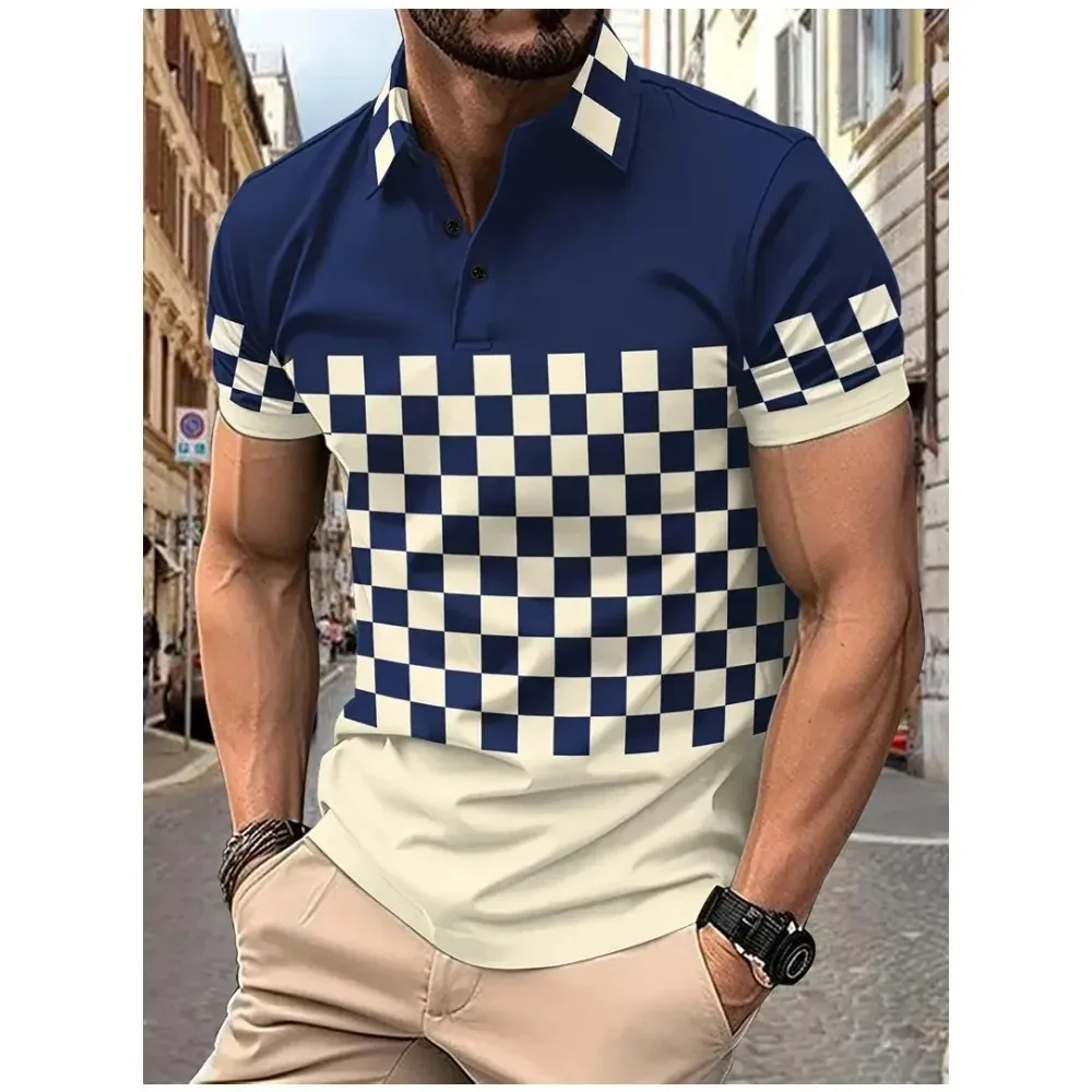 2024 Fashion Classic Striped Graphic Men Polo Shirt Short Sleeve Printing Casual Business Button Shirt Tops Mens Summer Clothing