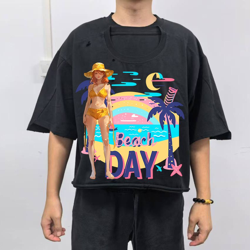 Double Collar Short Sleeve Oversized Boxy Fit Wholesale Black Cotton Thick Collar cropped Men Boxy Graphic Double Layers T-shirt