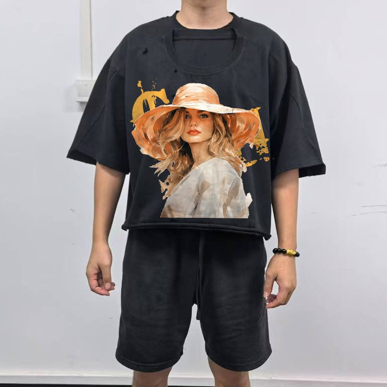 Double Collar Short Sleeve Oversized Boxy Fit Wholesale Black Cotton Thick Collar cropped Men Boxy Graphic Double Layers T-shirt