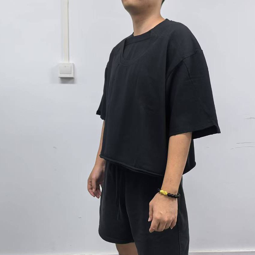 Double Collar Short Sleeve Oversized Boxy Fit Wholesale Black Cotton Thick Collar cropped Men Boxy Graphic Double Layers T-shirt