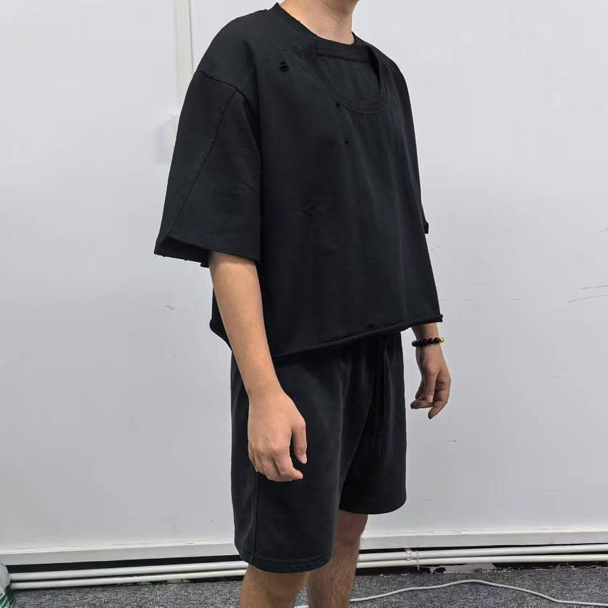 Double Collar Short Sleeve Oversized Boxy Fit Wholesale Black Cotton Thick Collar cropped Men Boxy Graphic Double Layers T-shirt