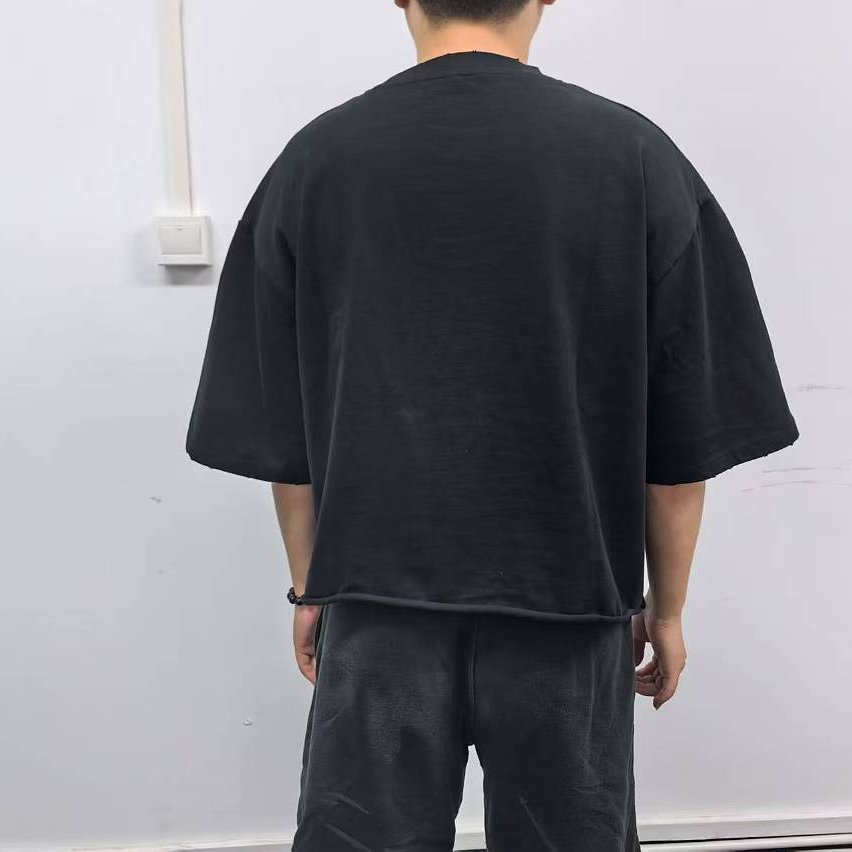 Double Collar Short Sleeve Oversized Boxy Fit Wholesale Black Cotton Thick Collar cropped Men Boxy Graphic Double Layers T-shirt