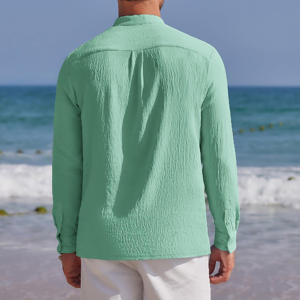 Men'S Casual Shirts Wholesale Henley Shirt Band Collar Long Sleeve Beach Summer Cotton Linen T Shirt Clothing For Men
