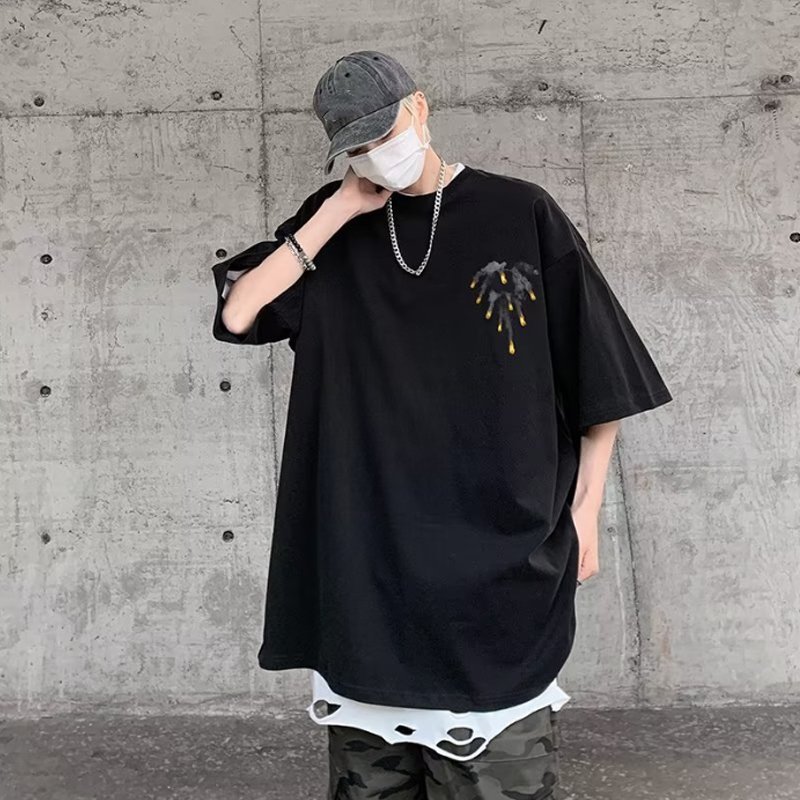 Summer printed round neck American short sleeved men's new street pure cotton casual T-shirt top men's T-shirt
