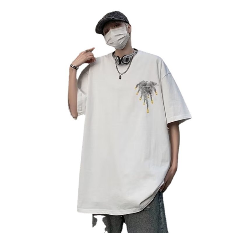 Summer printed round neck American short sleeved men's new street pure cotton casual T-shirt top men's T-shirt