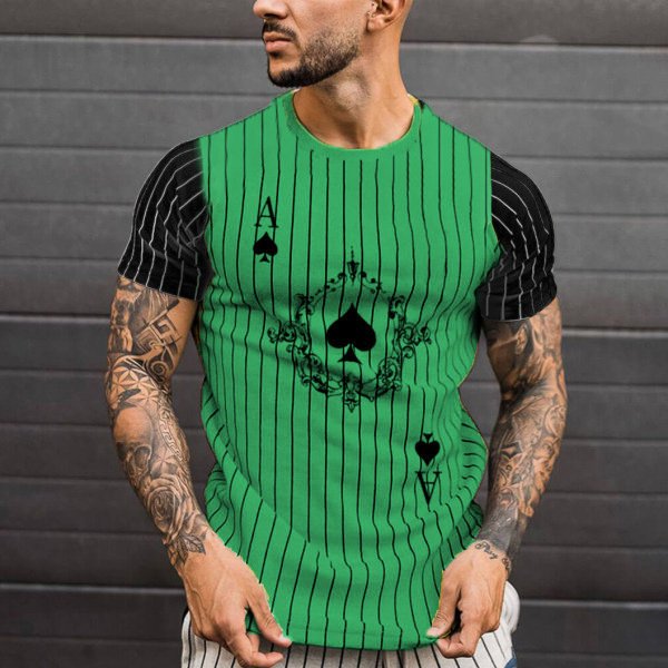 Men's T-Shirt Striped T-Shirt Round Neck Fashion Poker Print Short Sleeve Polyester Top Summer Men's Clothing Street Wear