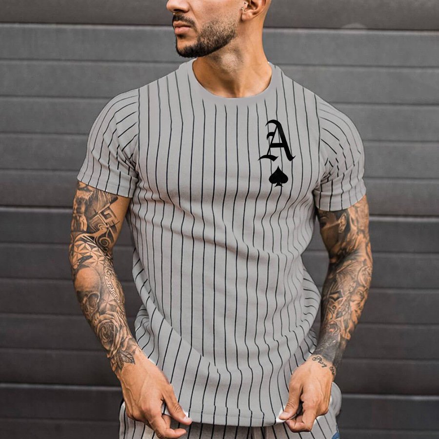 Men's T-Shirt Striped T-Shirt Round Neck Fashion Poker Print Short Sleeve Polyester Top Summer Men's Clothing Street Wear