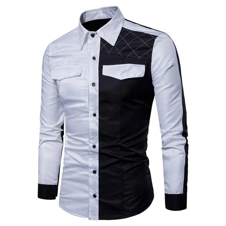 Spring and summer new shirts casual men's color contrast splicing new slim long sleeve large size shirt men