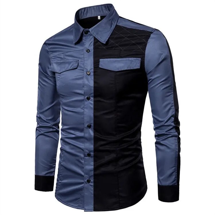 Spring and summer new shirts casual men's color contrast splicing new slim long sleeve large size shirt men