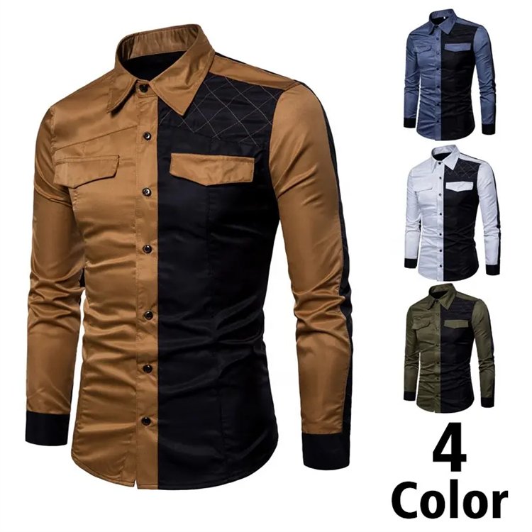 Spring and summer new shirts casual men's color contrast splicing new slim long sleeve large size shirt men