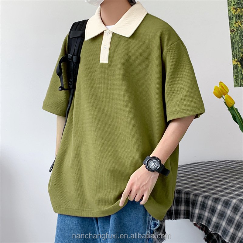 Custom Loose Hip Hop Waffle Polo T-shirt Neutral Plain cotton Wholesale Short Sleeve Off-Shoulder T-shirt Men's Polo Shirt Blank