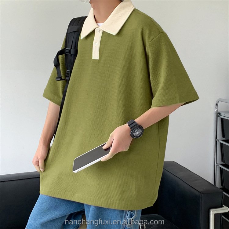 Custom Loose Hip Hop Waffle Polo T-shirt Neutral Plain cotton Wholesale Short Sleeve Off-Shoulder T-shirt Men's Polo Shirt Blank