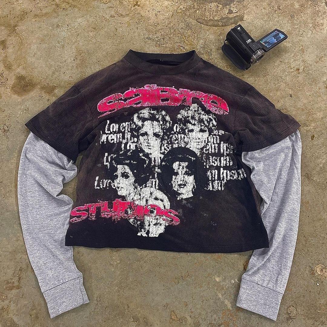 New Arrival Men's high quality O-Neck Distress Printed Double Sleeve Acid Washed Boxy Fit Cropped T-Shirts OEM