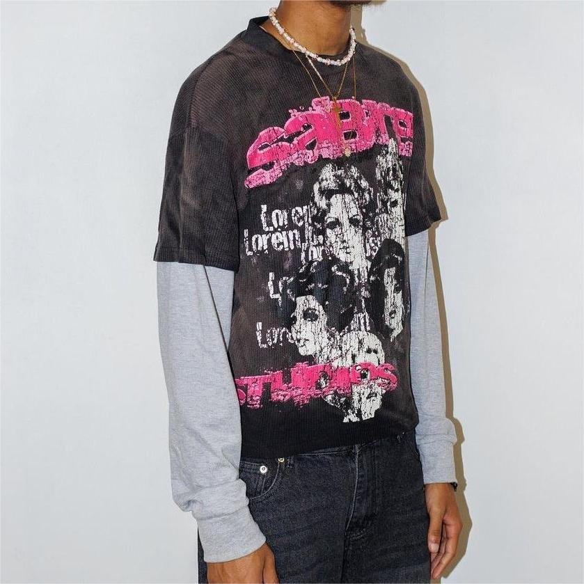 New Arrival Men's high quality O-Neck Distress Printed Double Sleeve Acid Washed Boxy Fit Cropped T-Shirts OEM