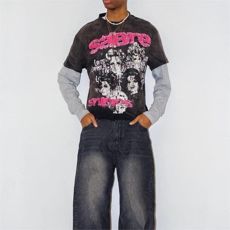 New Arrival Men's high quality O-Neck Distress Printed Double Sleeve Acid Washed Boxy Fit Cropped T-Shirts OEM