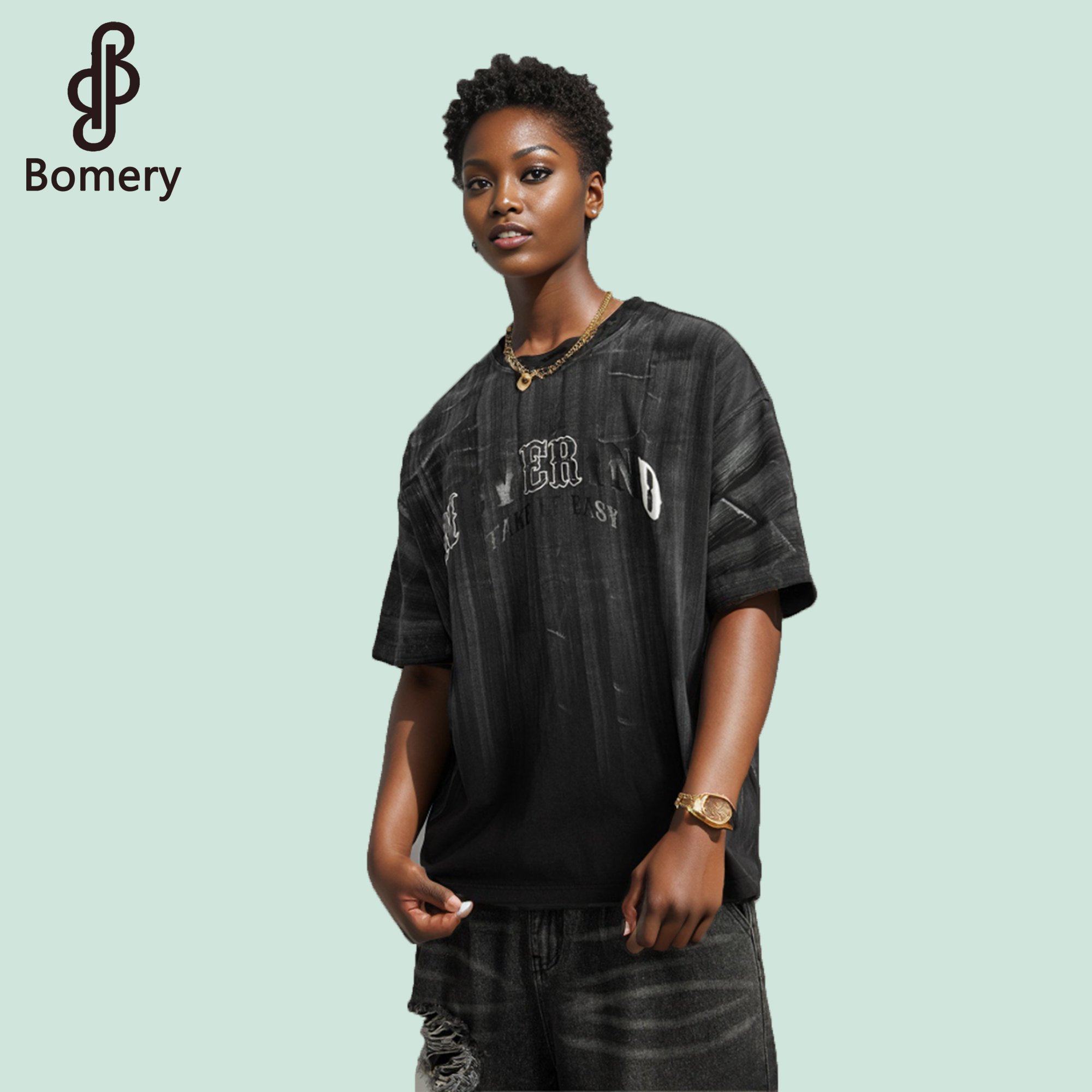 Bomery Custom-Made Men's T-Shirt Loose Silver with Heavy Craftsmanship Short Sleeve Casual Style Plus Size Printed Logo
