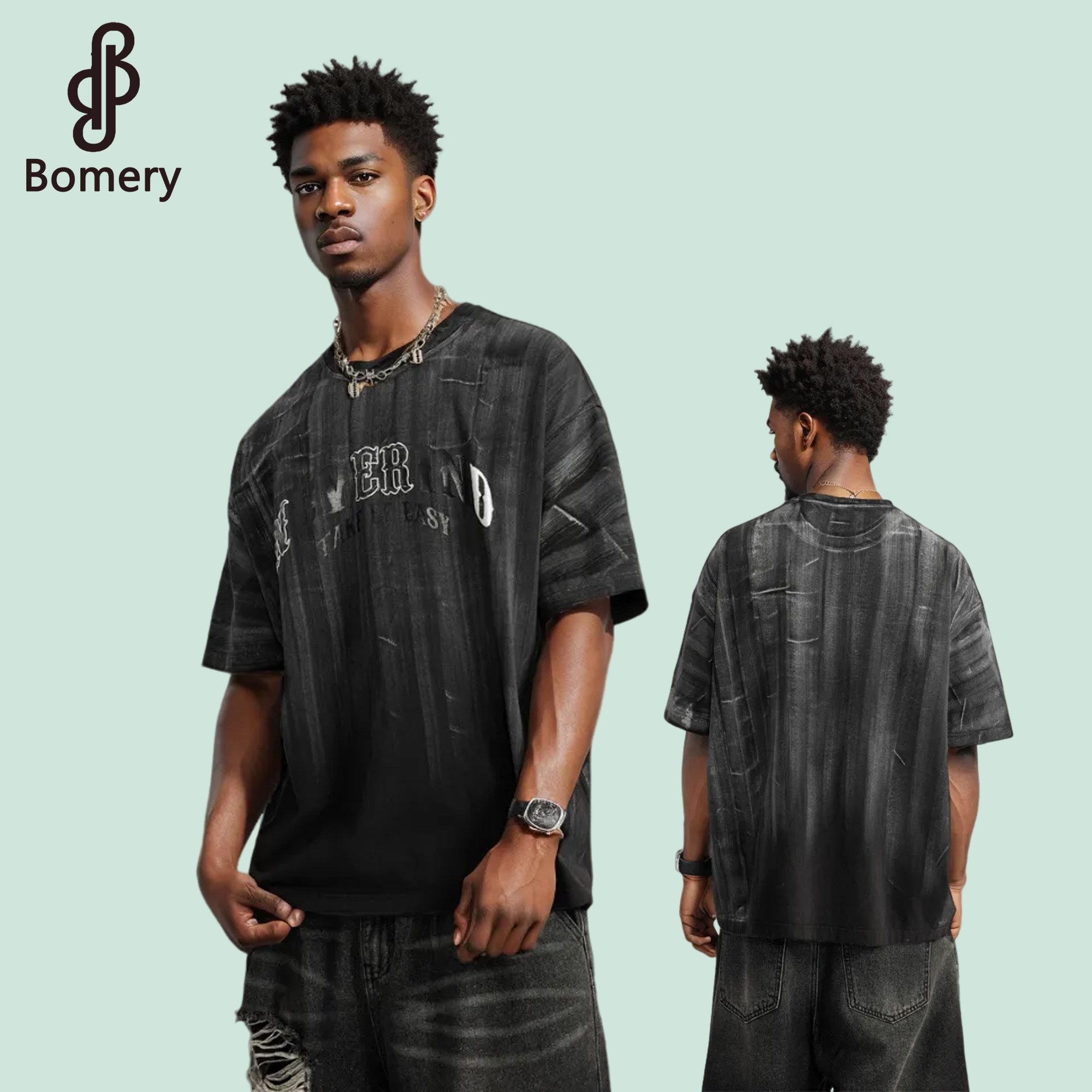 Bomery Custom-Made Men's T-Shirt Loose Silver with Heavy Craftsmanship Short Sleeve Casual Style Plus Size Printed Logo