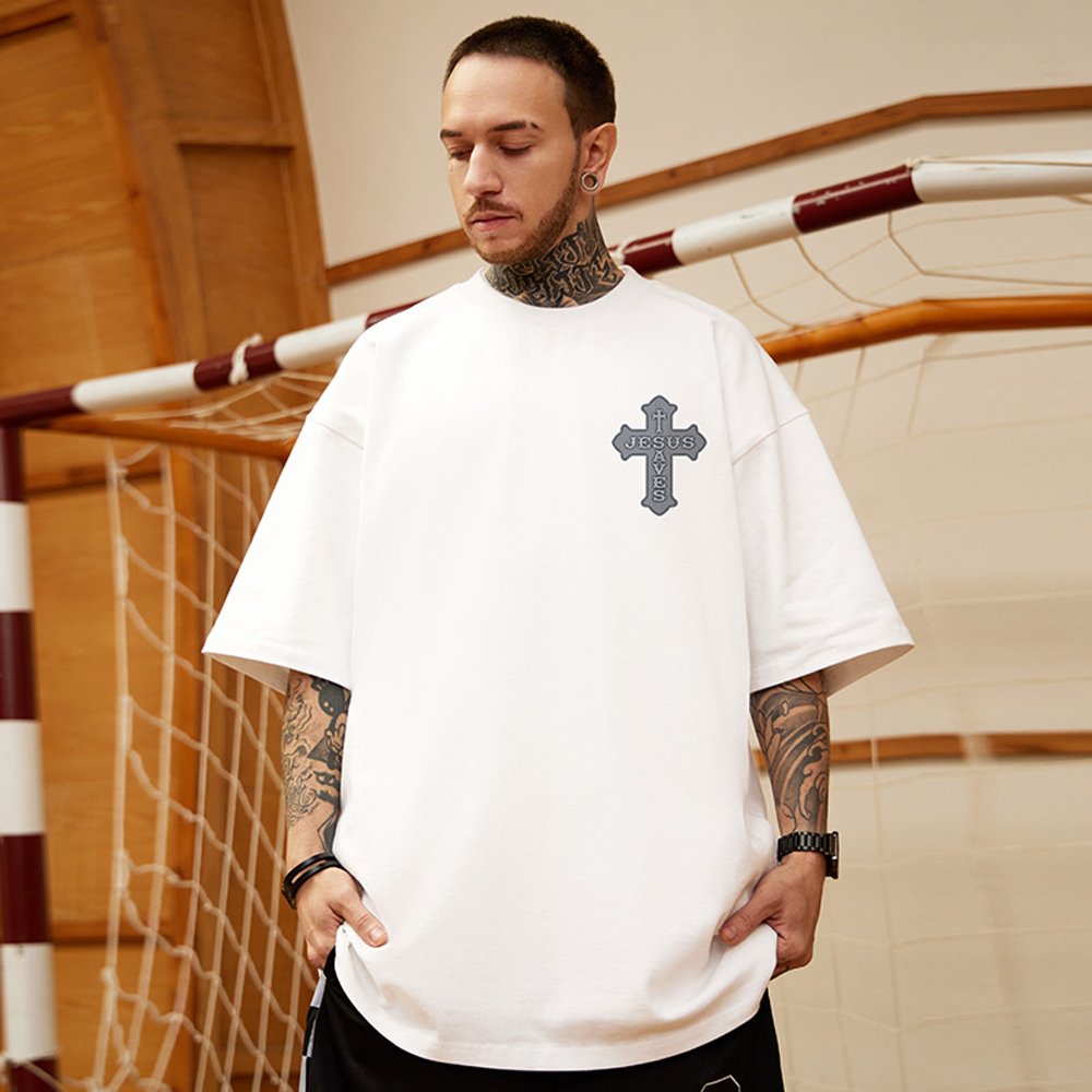 Custom high quality oversize Men's Large Size DTG Print Hip Hop Loose short Sleeve T-shirt five-and-a-half-sleeve men's T-shirt