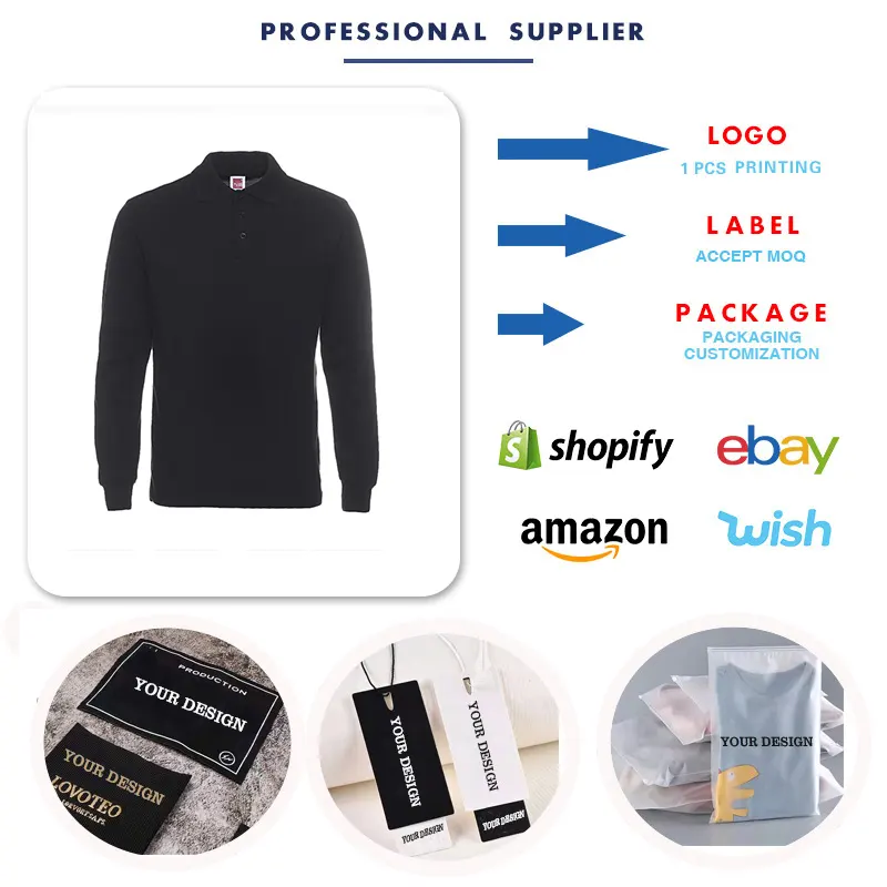 Wholesale customized high-quality blank regular men's 100% pure cotton polo T-shirt, long sleeved shirt, embroidered printing lo