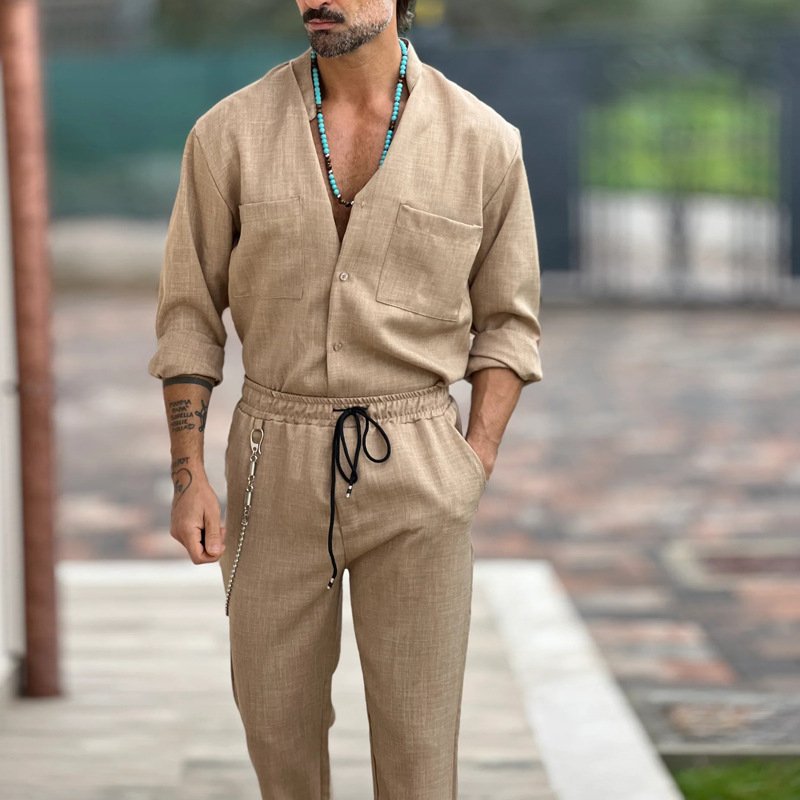 European and American men's 2023 casual cotton and linen suit men's loose long trousers top shirt shirt two-piece casual pants