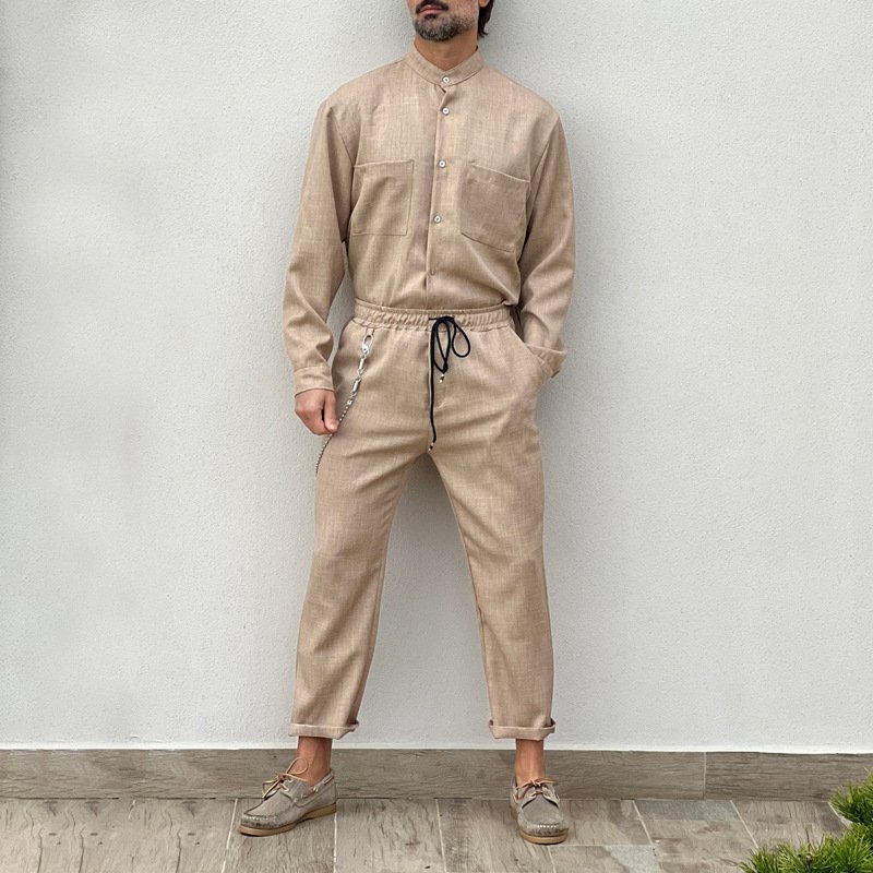 European and American men's 2023 casual cotton and linen suit men's loose long trousers top shirt shirt two-piece casual pants