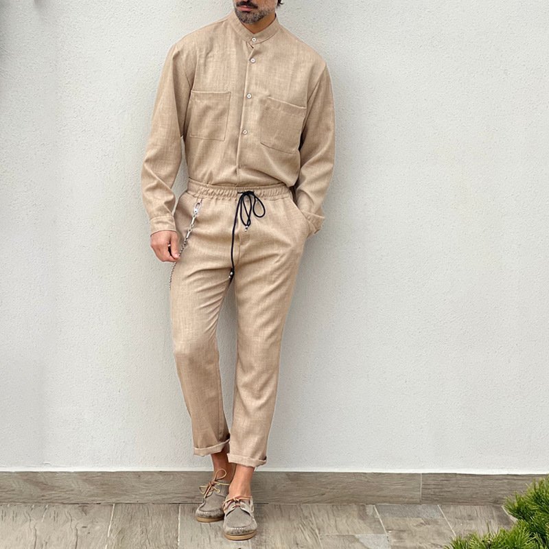 European and American men's 2023 casual cotton and linen suit men's loose long trousers top shirt shirt two-piece casual pants