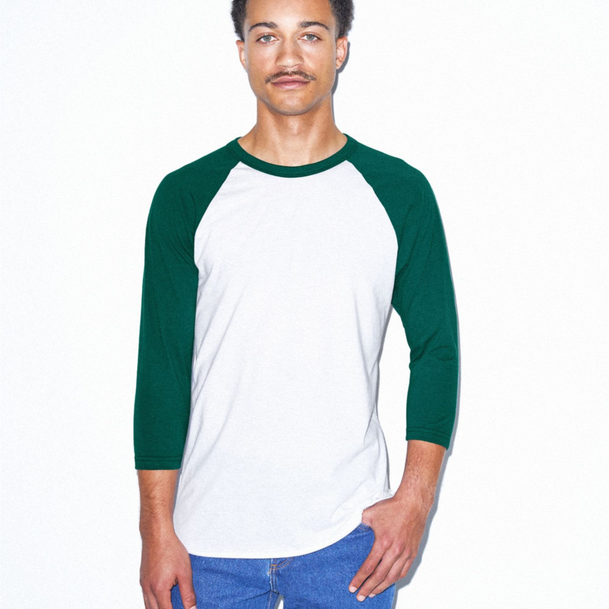 "Ultrasoft Slim Fit 3/4 Sleeve Baseball Raglan T-Shirt | 50% Cotton 50% Polyester 200gsm White & Forest Green"