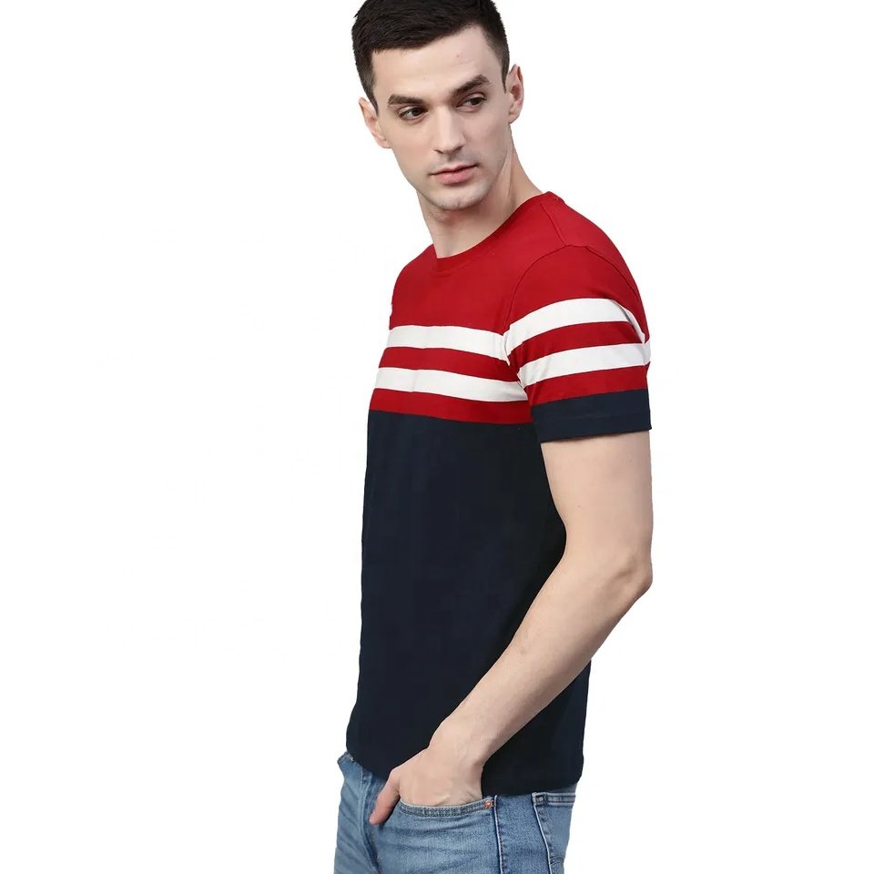 2023 Custom Men Navy Blue And Red Color blocked Round Neck T Shirts Loose Neck Soft Men T Shirt For Sale Wholesale