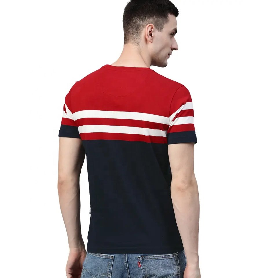 2023 Custom Men Navy Blue And Red Color blocked Round Neck T Shirts Loose Neck Soft Men T Shirt For Sale Wholesale