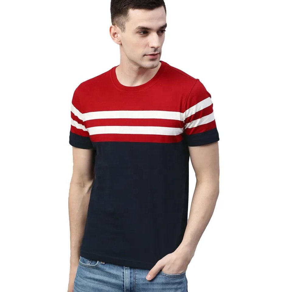 2023 Custom Men Navy Blue And Red Color blocked Round Neck T Shirts Loose Neck Soft Men T Shirt For Sale Wholesale