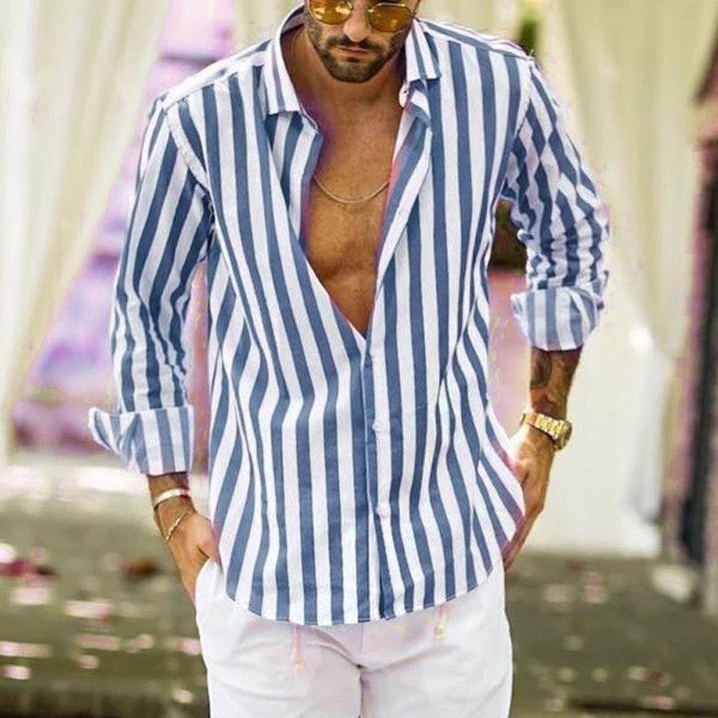 new fashion full sleeve striped shirt for men casual shirts chemise pour homme Turn-Down Collar Plaid Shirts For Men