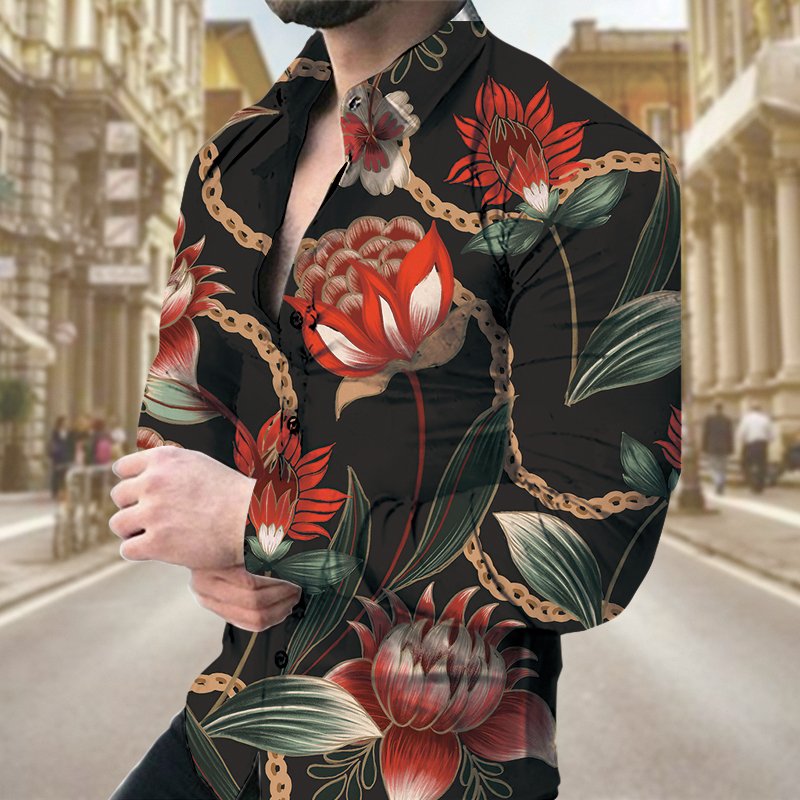 High Quality Men's Casual Shirts 3D Printed Long Sleeve Work Tops New Lapel Design Breathable habit homme