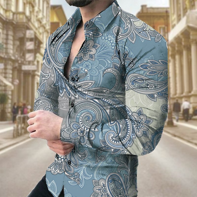 High Quality Men's Casual Shirts 3D Printed Long Sleeve Work Tops New Lapel Design Breathable habit homme