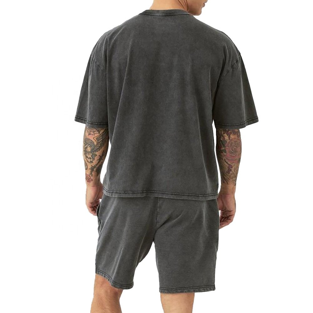 Custom 2 Piece Men's T-shirt Sets Oversized Acid Wash Sweatsuit Denim Applique Shirt and Short Set For Men