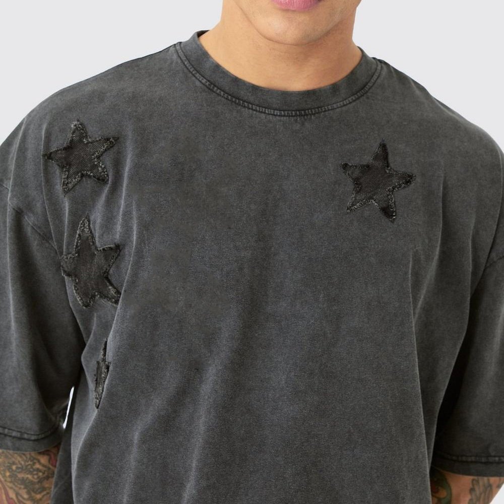 Custom 2 Piece Men's T-shirt Sets Oversized Acid Wash Sweatsuit Denim Applique Shirt and Short Set For Men