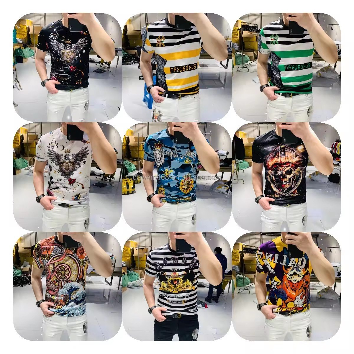 Europe and the United States round neck men's T-shirt pure cotton stretch hip hop print short sleeve 2024 factory wholesale new