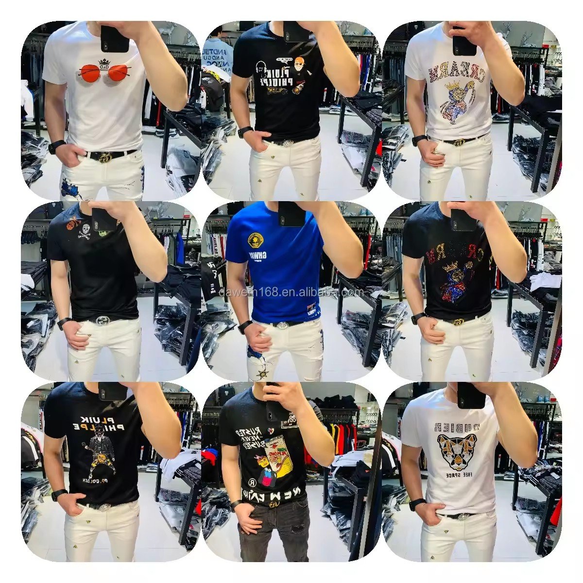 Europe and the United States round neck men's T-shirt pure cotton stretch hip hop print short sleeve 2024 factory wholesale new
