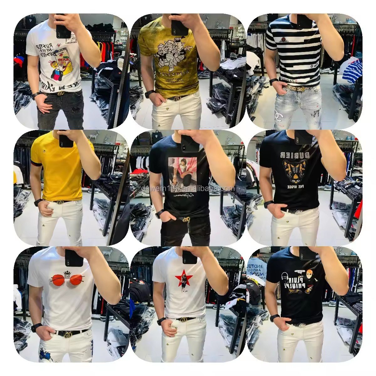 Europe and the United States round neck men's T-shirt pure cotton stretch hip hop print short sleeve 2024 factory wholesale new