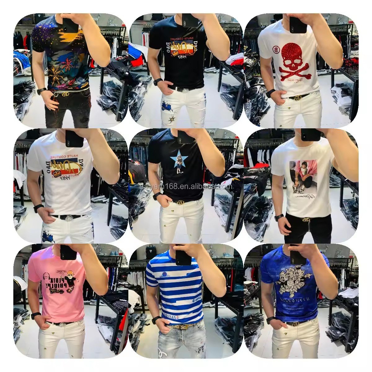 Europe and the United States round neck men's T-shirt pure cotton stretch hip hop print short sleeve 2024 factory wholesale new