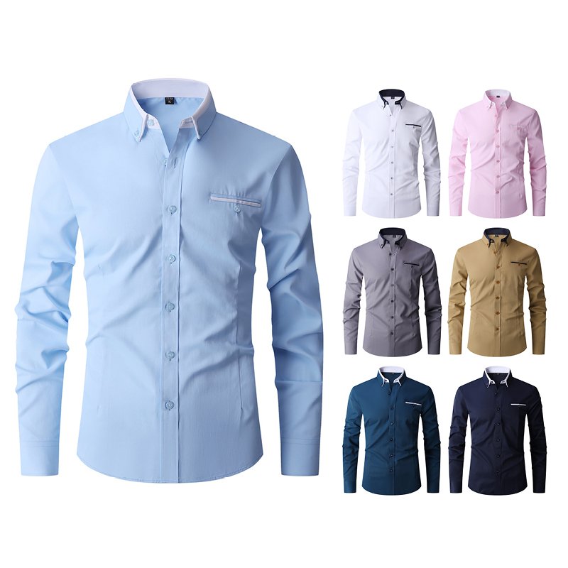 Wholesale fashionable Business collar spliced Cotton fabric solid color long Sleeve Slim Fit casual men's shirts with pockets