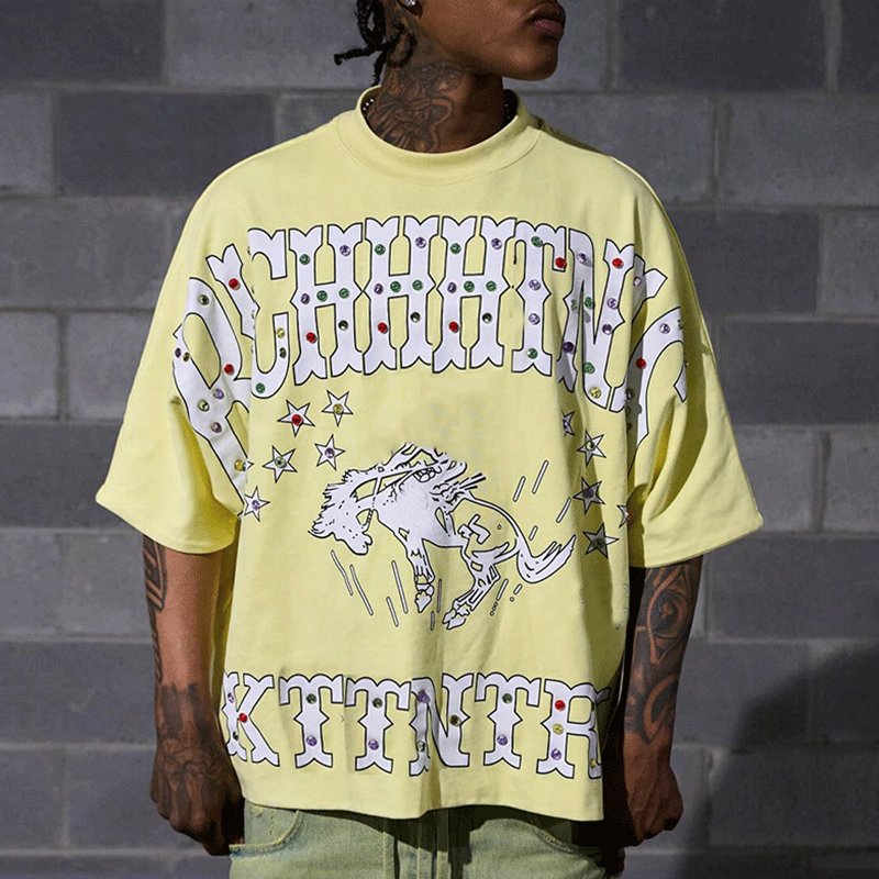 YSJY Manufacturer Oem Oversized Boxy Fit Tshirts Men Custom Screen Printing Graphic Tees Rhinestone T-Shirt