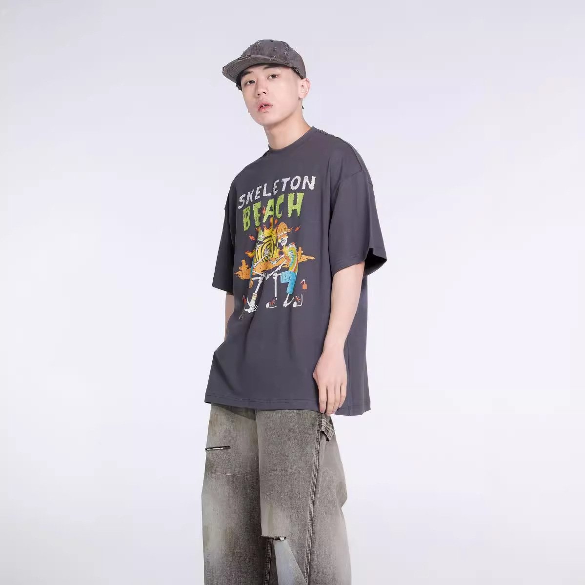 Unisex Heavyweight 100% Cotton Crew Neck T-Shirt High Quality Vintage Hip Hop Printed Short Sleeve Plus Size Men's T-Shirt