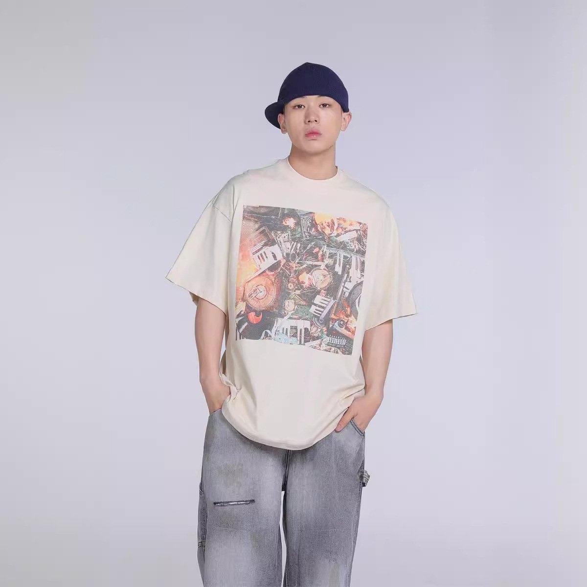 Unisex Heavyweight 100% Cotton Crew Neck T-Shirt High Quality Vintage Hip Hop Printed Short Sleeve Plus Size Men's T-Shirt