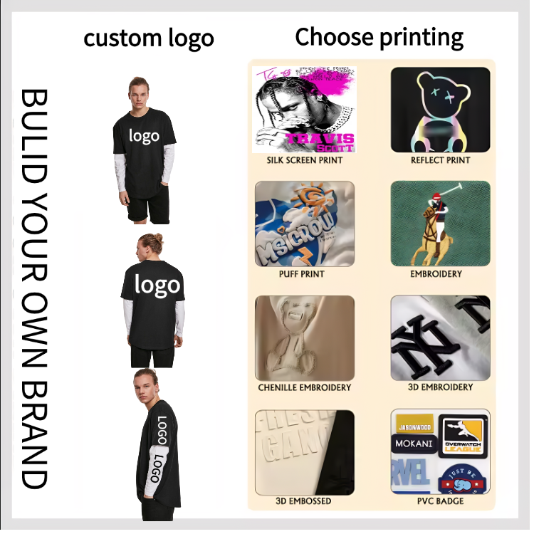 Custom Cotton DTG Printed Men's T-shirt Wholesale Screen Printed Design Double Layer Long Sleeve T-shirt for Men