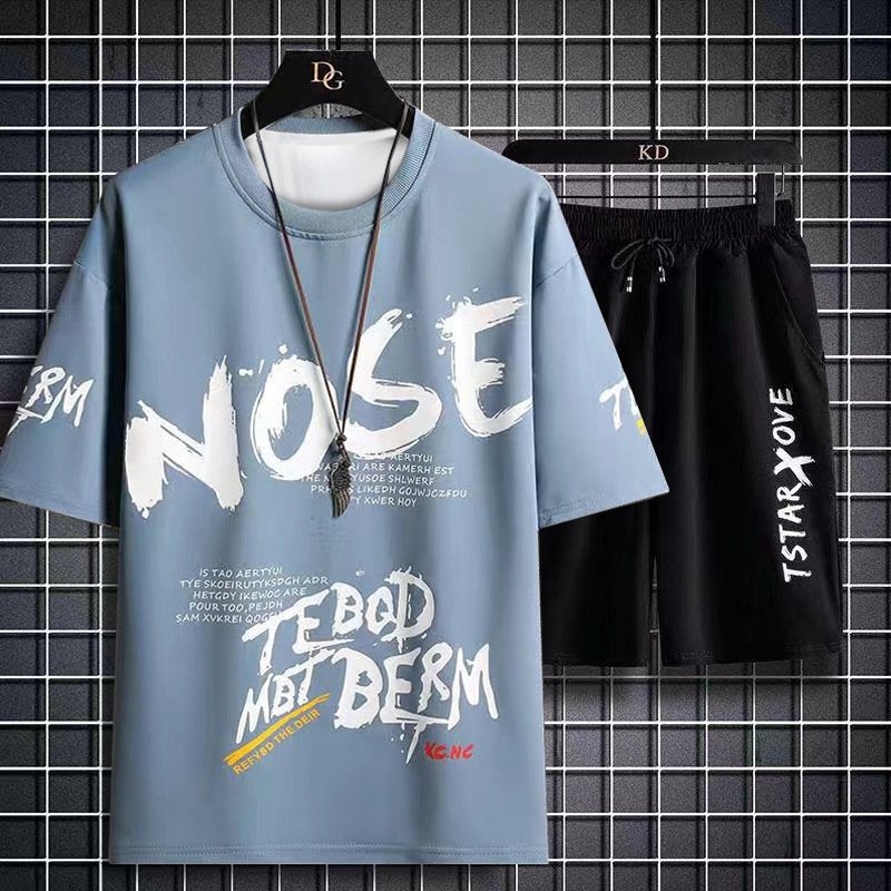 Men's Summer 2Pcs Set Custom Printed Short Sleeve T-Shirt and Woven Shorts for Sports and Leisure