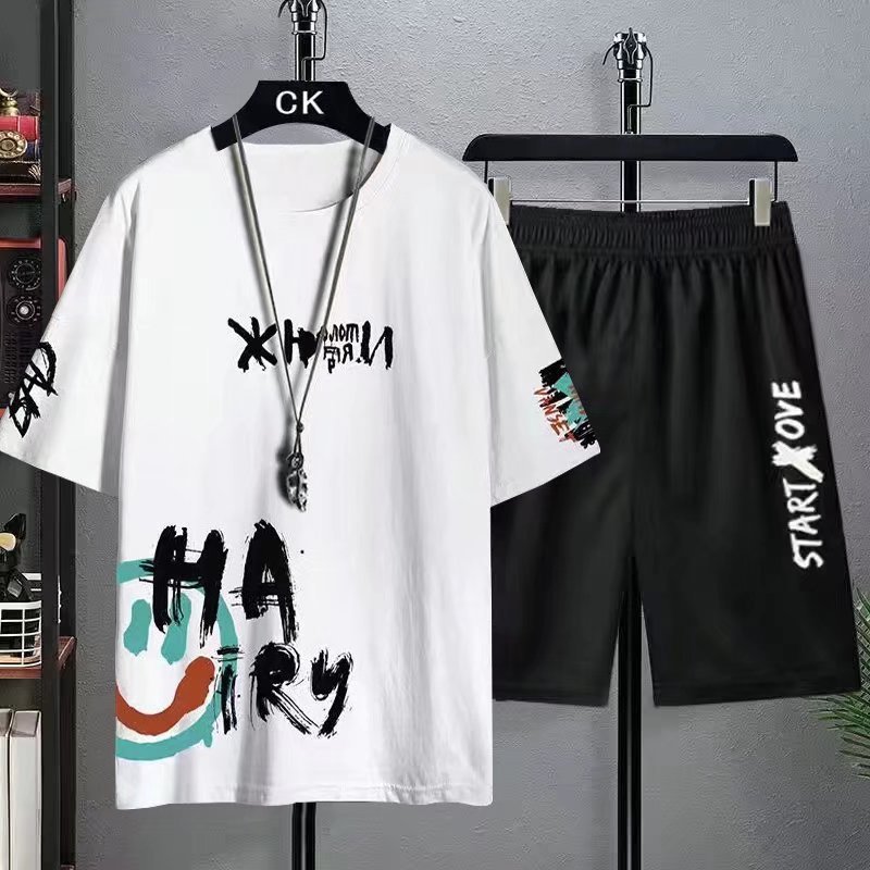 Men's Summer 2Pcs Set Custom Printed Short Sleeve T-Shirt and Woven Shorts for Sports and Leisure